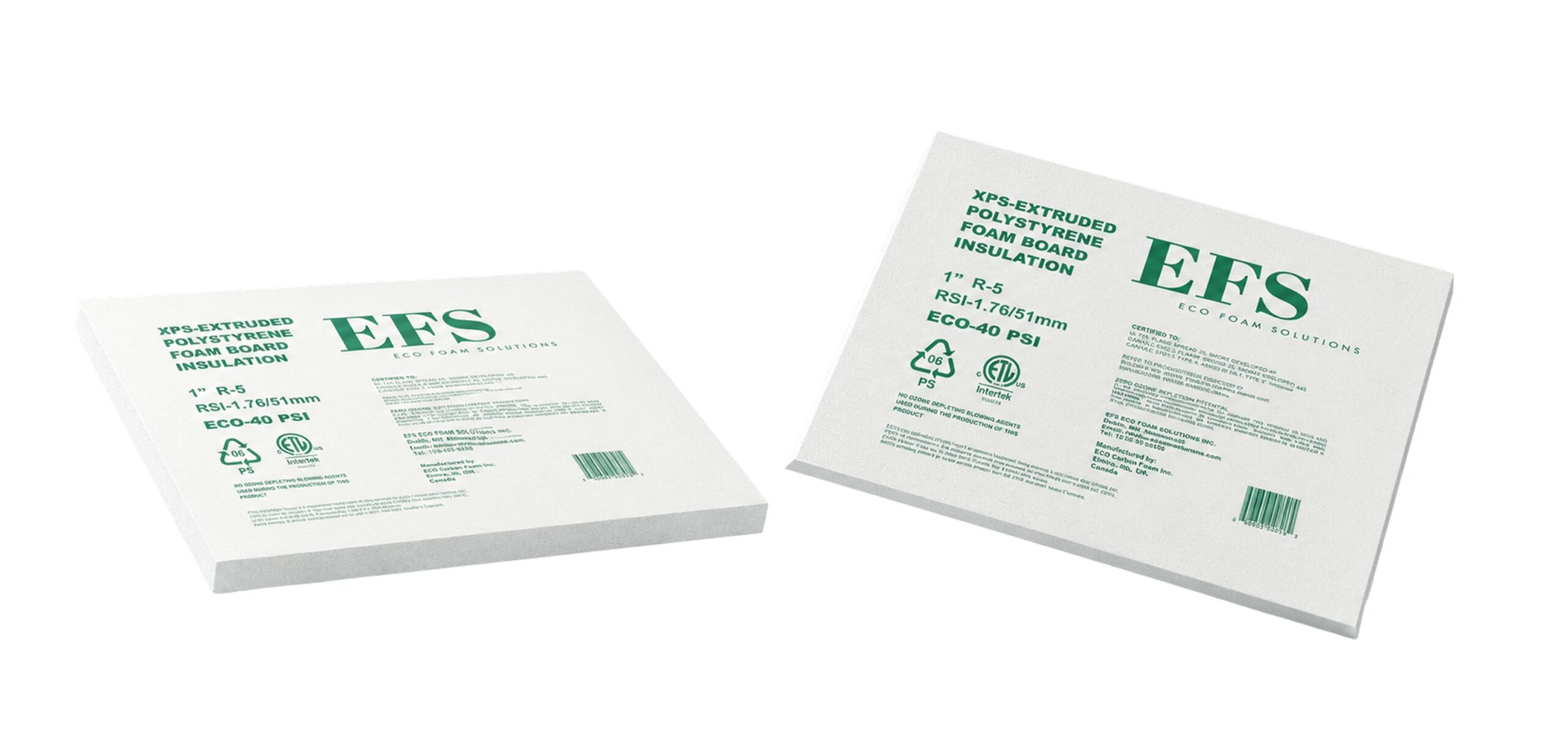 Two sheets of EFS ECO-40 XPS rigid foam board insulation, 1 inch R-5, printed with the Eco Foam Solutions label