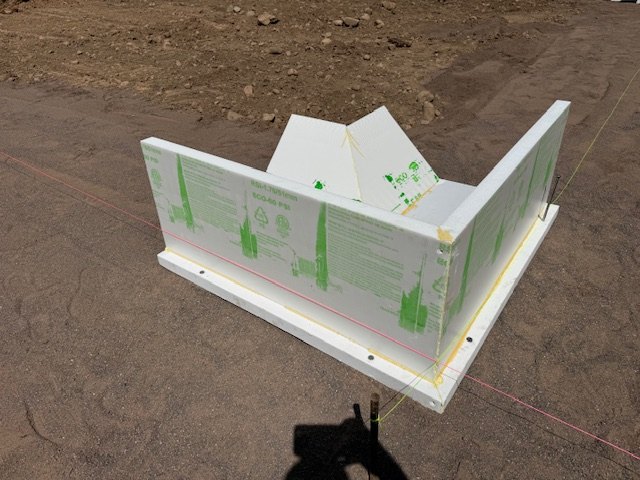 Eco Form insulated monolithic slab form assembled at a corner on a Minnesota job site before the pour